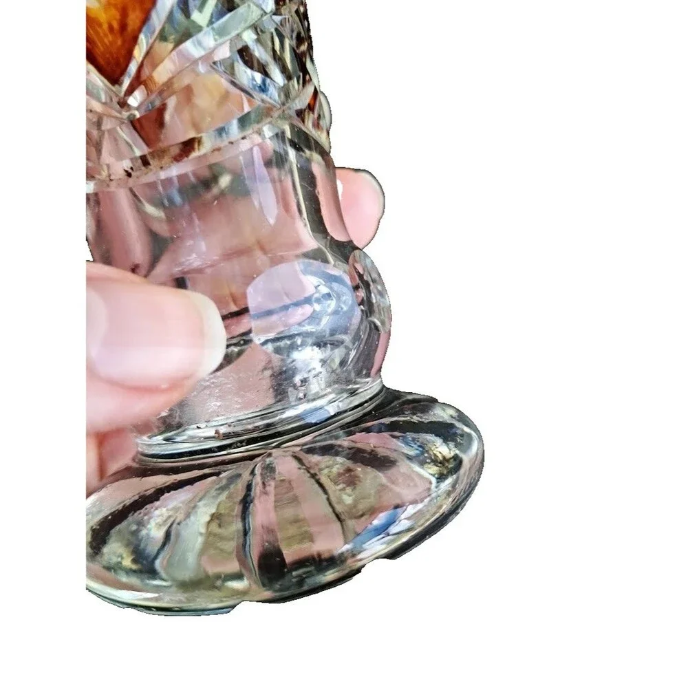 Vintage Amber Cut to Clear Crystal Footed Vase Engraved Floral Bohemian 6.5